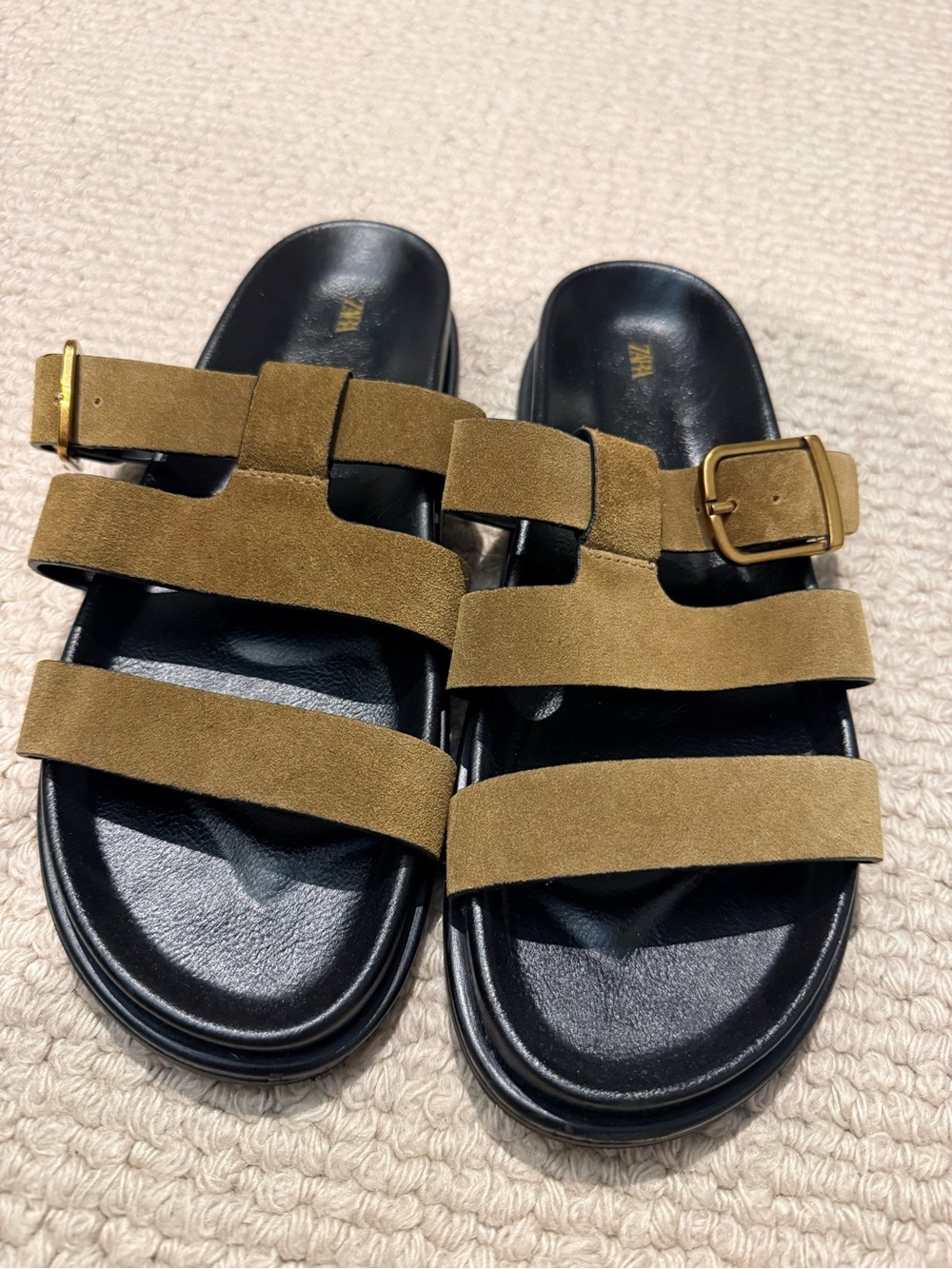 Zara Buckle Flat Split Suede Sandals